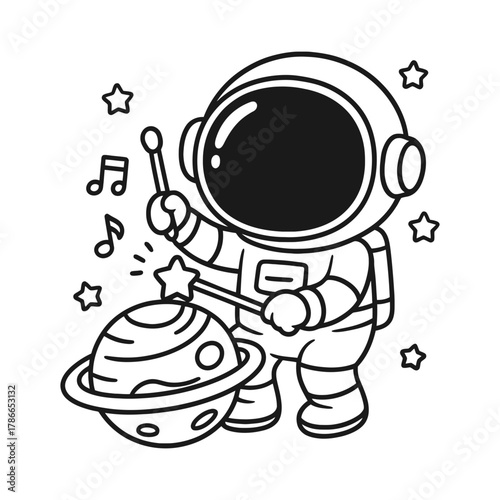 Astronauts playing. Hand-drawn coloring pages