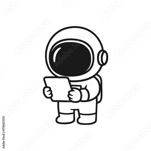 Astronaut carrying a tablet. Hand-drawn coloring pages