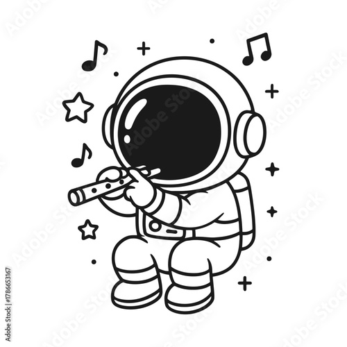 Astronaut playing flute. Hand-drawn coloring pages