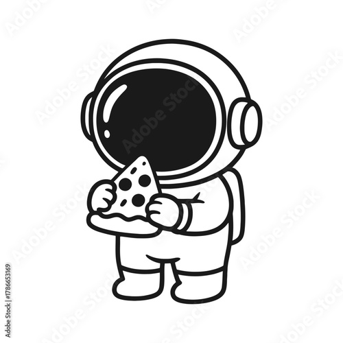 Astronaut eating pizza. Hand-drawn coloring pages