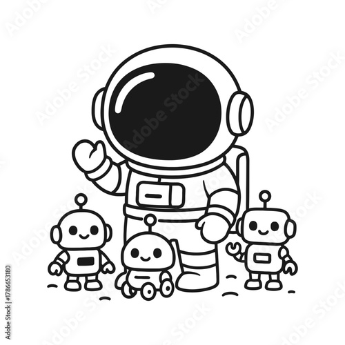 Astronauts playing with robots. Hand-drawn coloring pages