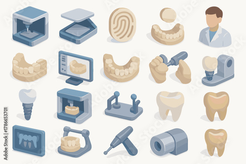 Isometric Dental Prosthetics Icons — 3D Printing and Implant Technology in Modern Dentistry