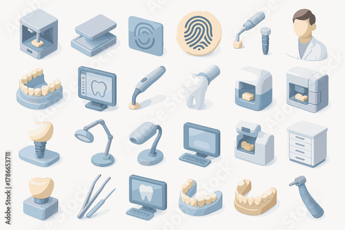 Isometric Dental Laboratory Icons — Modern Digital Dentistry and Prosthetics Set