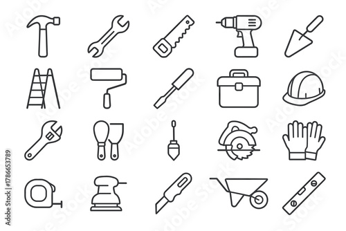 Linear Construction Tools Icons — Building and Repair Equipment Set