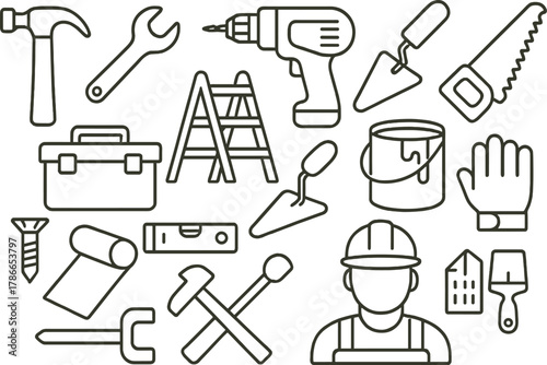 Linear Construction Tools Icons — Building and Repair Equipment Set