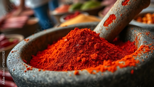 ancho. Traditional Mexican molcajete filled with ancho chili powder in a market setting. menu design, packaging mockups, designed for food delivery and cloud-kitchen brand materials.