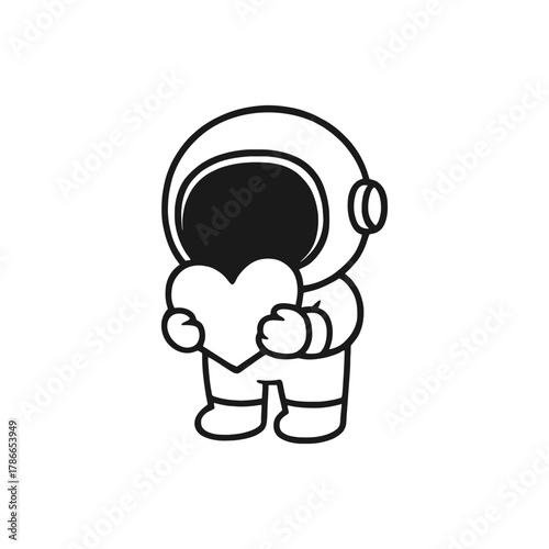 Astronaut carries one heart. Hand-drawn coloring pages