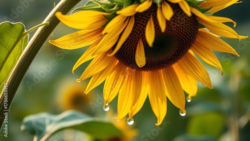 laurate. Sunflower drooping after a storm with rain droplets on its petals. gardening catalogs, home-decor guides, designed for home decor and floral branding, celebrates nature.