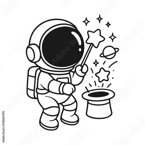 Magic astronaut. Hand-drawn coloring pages