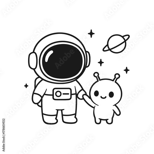 Astronauts with aliens. Hand-drawn coloring pages