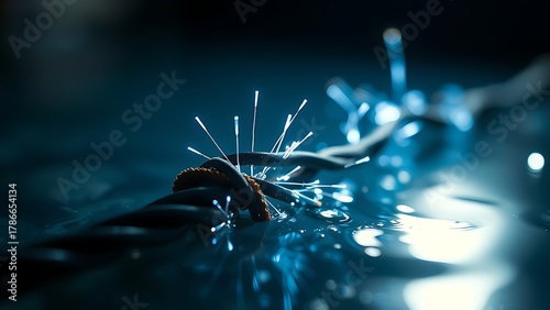 ignitable. A damaged electrical wire submerged in water, emitting faint blue sparks. STEM education sheets, lab safety posters, designed for biotech research communications, used by PR specialists.