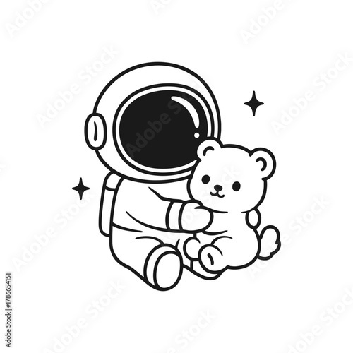 Astronaut with doll. Hand-drawn coloring pages