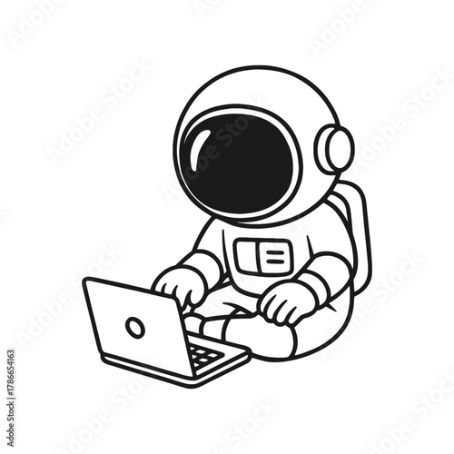 Astronaut playing with laptop. Hand-drawn coloring pages