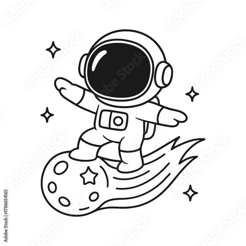 Astronaut slides with meteor. Hand-drawn coloring pages