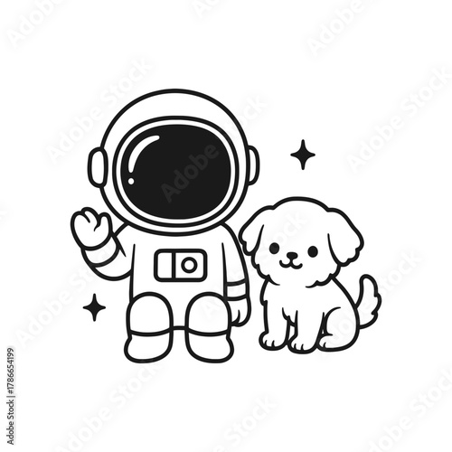 Astronaut with dog. Hand-drawn coloring pages