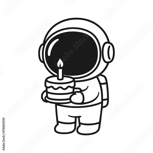 Astronaut carrying birthday cake. Hand-drawn coloring pages