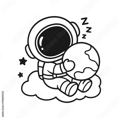 Astronaut sitting on a cloud carrying a planet. Hand-drawn coloring pages