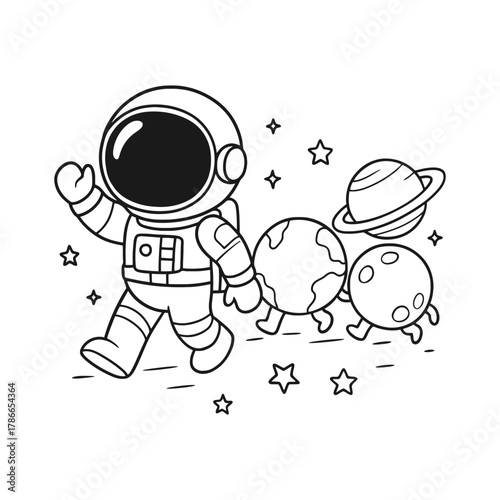 Astronaut walking with planet child. Hand-drawn coloring pages