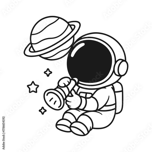 Astronauts learn to play musical instruments. Hand-drawn coloring pages