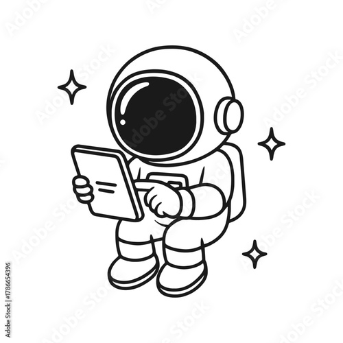 Astronaut reading tablet. Hand-drawn coloring pages