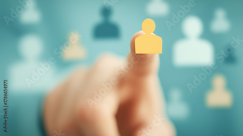 Hand pointing to a single person icon, conveying the chosen candidate, clear accountability, and decisive leadership in staffing and project ownership.
