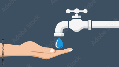 A hand reaching for a water droplet falling from a white faucet against a dark background.