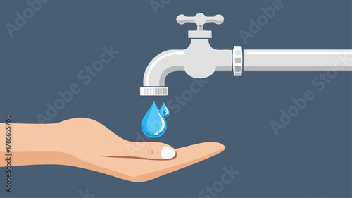 A single blue water drop falling from a silver faucet into a cupped human hand, illustrating water conservation.