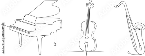Continuous line drawing of a grand piano, saxophone, and violin. Minimalist music instruments illustration, elegant linear style, simple black outlines on white background, modern artistic design.