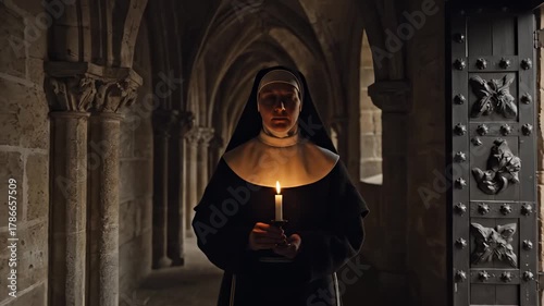 A nun walks along the corridor of the monastery, holding a candle in her hands