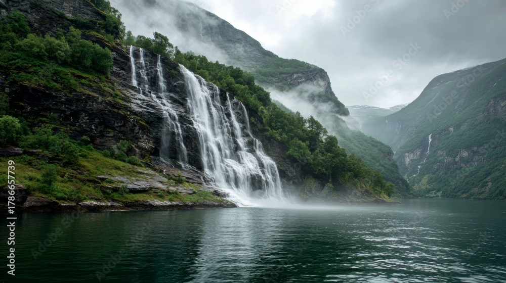 Fototapeta premium Majestic waterfall cascades down rocky cliffs in a serene fjord landscape with mist on a cloudy day
