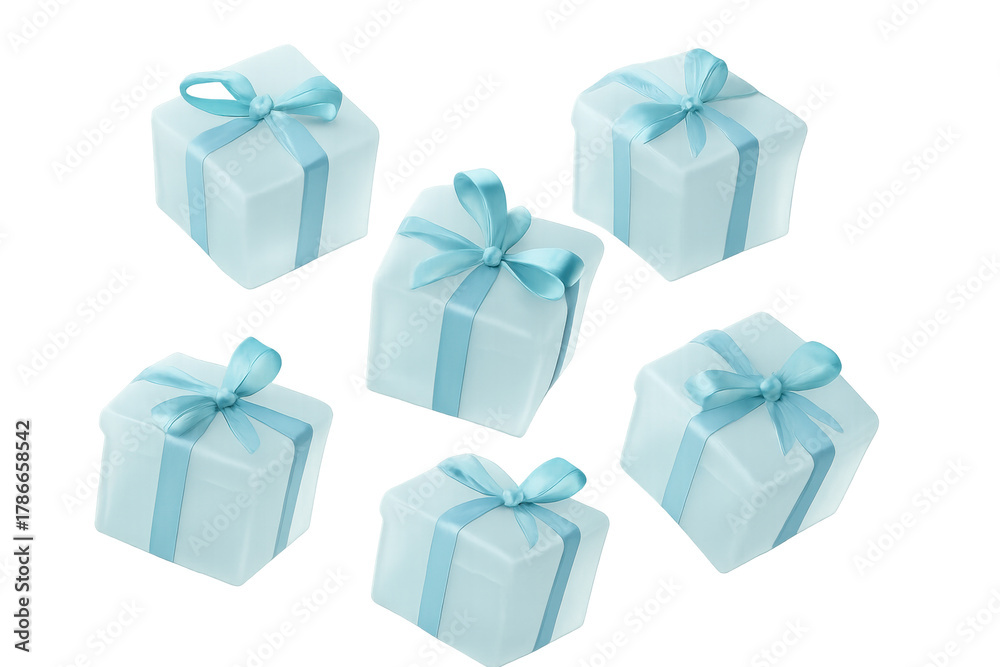 Obraz premium Blue gift boxes with ribbon bows creating a festive pattern, representing celebration, presents, and holidays on a transparent background