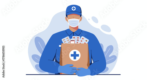 A masked delivery person in blue uniform and gloves holds a package of various medicines, representing essential healthcare services and pharmacy delivery.