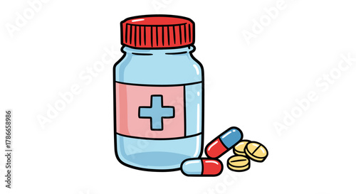 Isolated vector illustration depicting a medicine bottle alongside capsules and pills, ideal for healthcare, pharmaceutical, or medical-themed designs, presented in a clean, modern style.