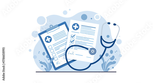 Medical clipboard with checklist and stethoscope on a blue abstract background, symbolizing healthcare and patient care with a clean, modern vector illustration.