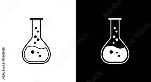 A simple black and white vector illustration depicting a scientific conical flask filled with bubbling liquid, perfect for laboratory research and medical concepts.