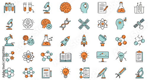 A collection of colorful vector science and medicine icons on a white background, featuring research, biology, and innovation symbols.