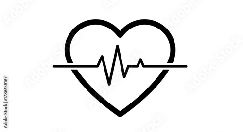 A stylized black and white vector illustration of a heart with a cardiogram pulse line, representing health and medicine.