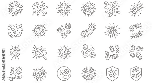 A comprehensive collection of minimalist line art icons depicting various bacteria, viruses, and microorganisms for medical and scientific designs.