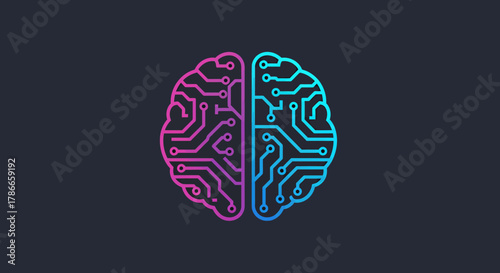 Abstract vector illustration of a human brain with circuit board patterns, representing artificial intelligence, cognitive functions, and medical technology advancements.