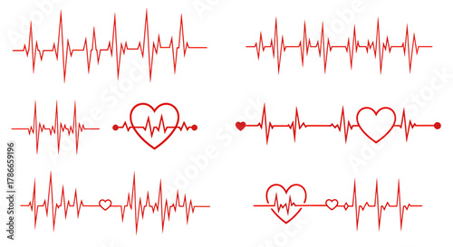 A set of vector heartbeats in red, showing the electrical activity of the heart with variations including heart shapes, representing health and medicine concepts.
