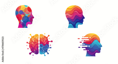 A vibrant collection of abstract vector illustrations depicting the human mind, brain activity, and creative thought processes in a modern, colorful style.