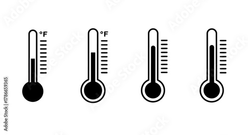 A vector illustration showing a set of thermometers with varying temperature levels, suitable for medical or scientific contexts, isolated on a white background.