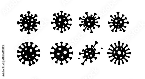 A collection of black vector icons depicting various microscopic viruses and bacteria, perfect for medical, scientific, and health-related design projects.