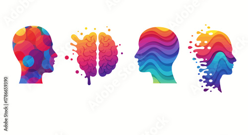 Colorful abstract human heads and brains symbolizing creativity, ideas, and mental health with a vibrant, modern artistic style.