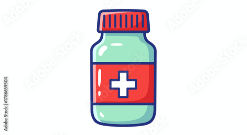 A simple vector illustration of a medicine bottle with a red cap and a white cross on a red label, symbolizing healthcare and pharmaceutical products.