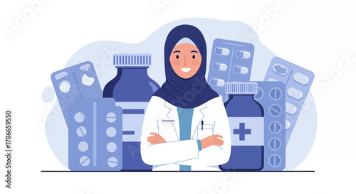 A friendly female pharmacist wearing a hijab and lab coat stands confidently amidst various medical supplies and pill bottles in this modern vector illustration.