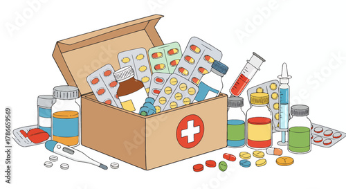 A collection of various medicines and medical supplies, including pills, capsules, bottles, and a thermometer, neatly organized in a cardboard box with a red cross symbol.