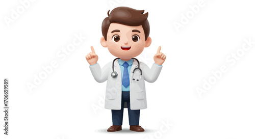 A cheerful 3D rendered cartoon doctor is pointing upwards, wearing a white coat and stethoscope, perfect for medical illustrations and healthcare-related designs.