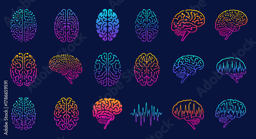 Collection of colorful vector brain illustrations showcasing neurological concepts, mental health awareness, and scientific research for medical and educational purposes, presented in PNG format.