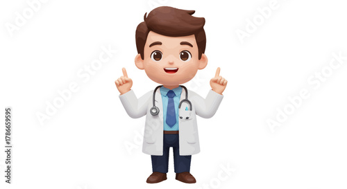Friendly cartoon doctor wearing a white coat and stethoscope points upwards, symbolizing medical advice and healthcare information in a clear graphic.
